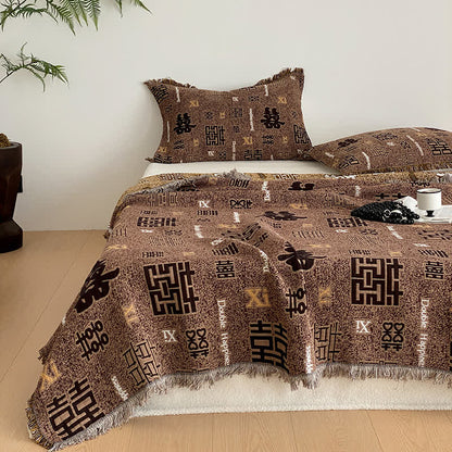 Couette rétro à quatre couches en gaze de coton avec pompons