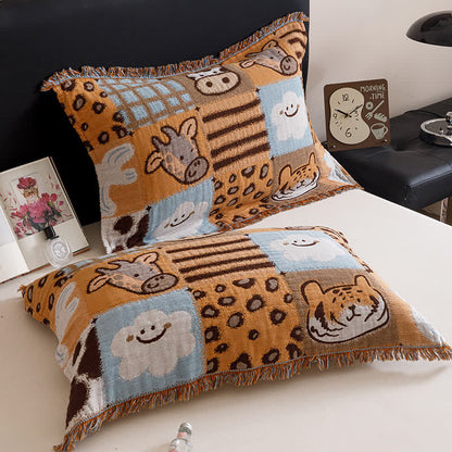 Couette en gaze de coton à quatre couches avec pompons et imprimé animalier