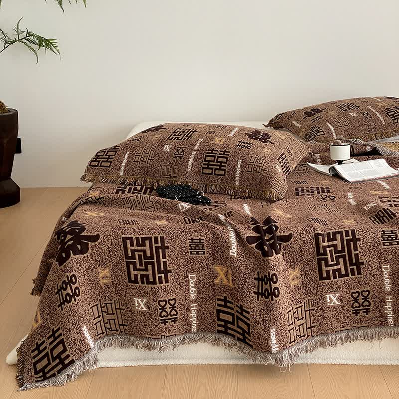 Couette rétro à quatre couches en gaze de coton avec pompons