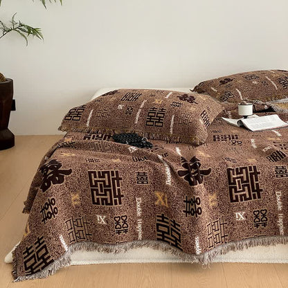 Couette rétro à quatre couches en gaze de coton avec pompons