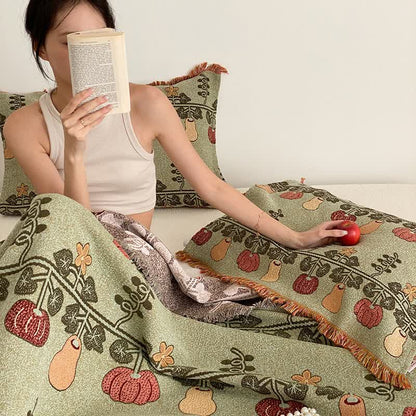Couette en gaze de coton à quatre couches avec pompons et imprimé citrouille