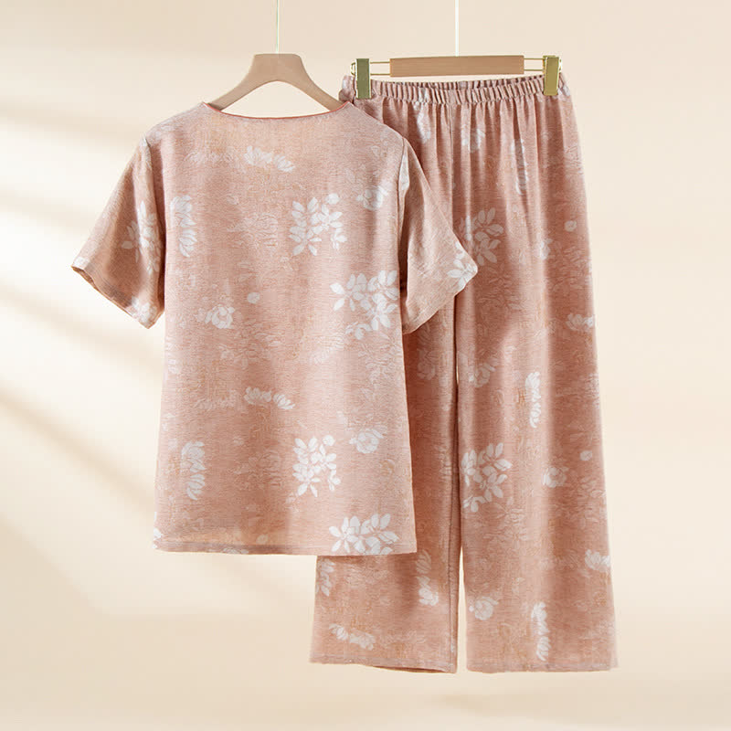 Vêtements d'intérieur teints en fil en jacquard de coton vintage avec boutons en perles