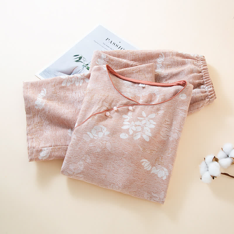 Vêtements d'intérieur teints en fil en jacquard de coton vintage avec boutons en perles