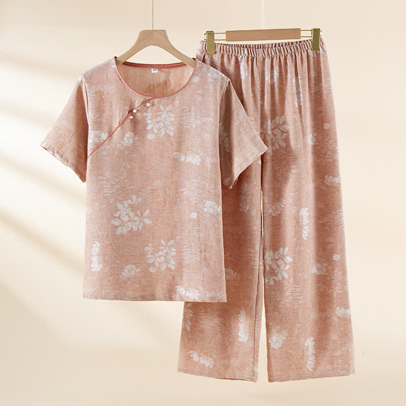 Vêtements d'intérieur teints en fil en jacquard de coton vintage avec boutons en perles