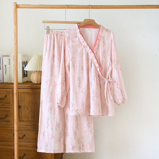Ensemble pyjama en fibre de bambou rose à motif floral