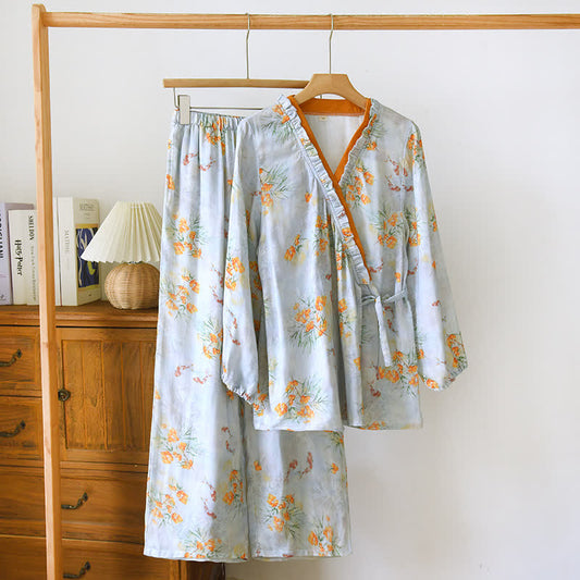 Ensemble pyjama bleu de style pastoral en fibre de bambou
