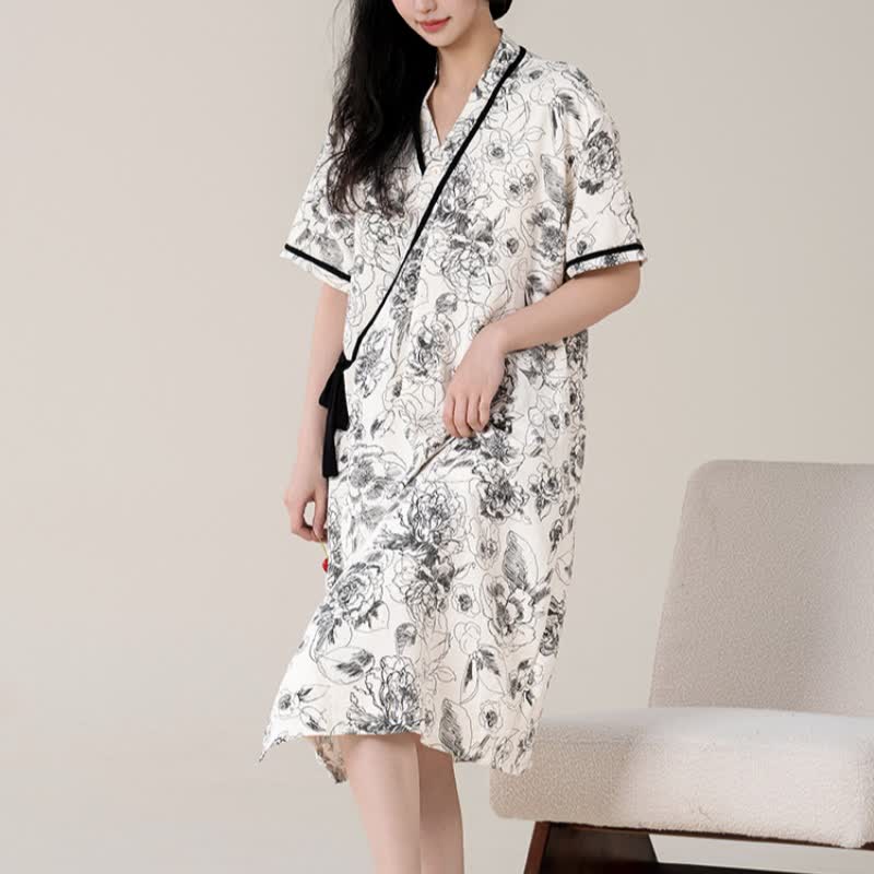 Chemise de nuit rembourrée à motif floral rétro, manches courtes et poche