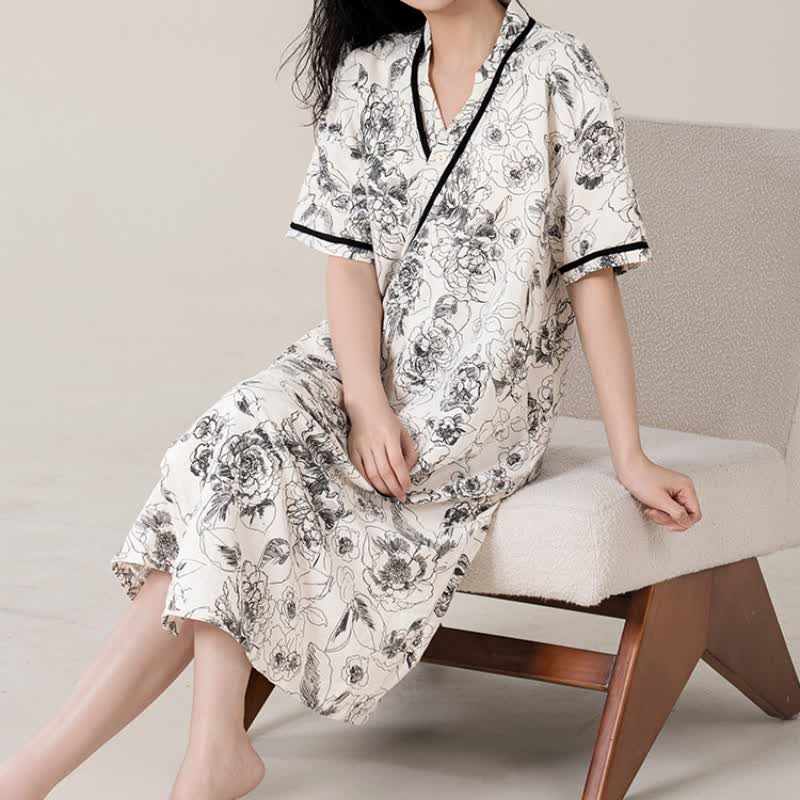 Chemise de nuit rembourrée à motif floral rétro, manches courtes et poche