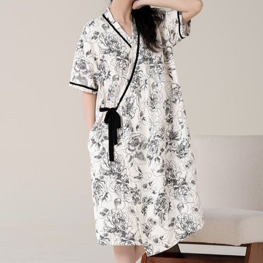 Chemise de nuit rembourrée à motif floral rétro, manches courtes et poche