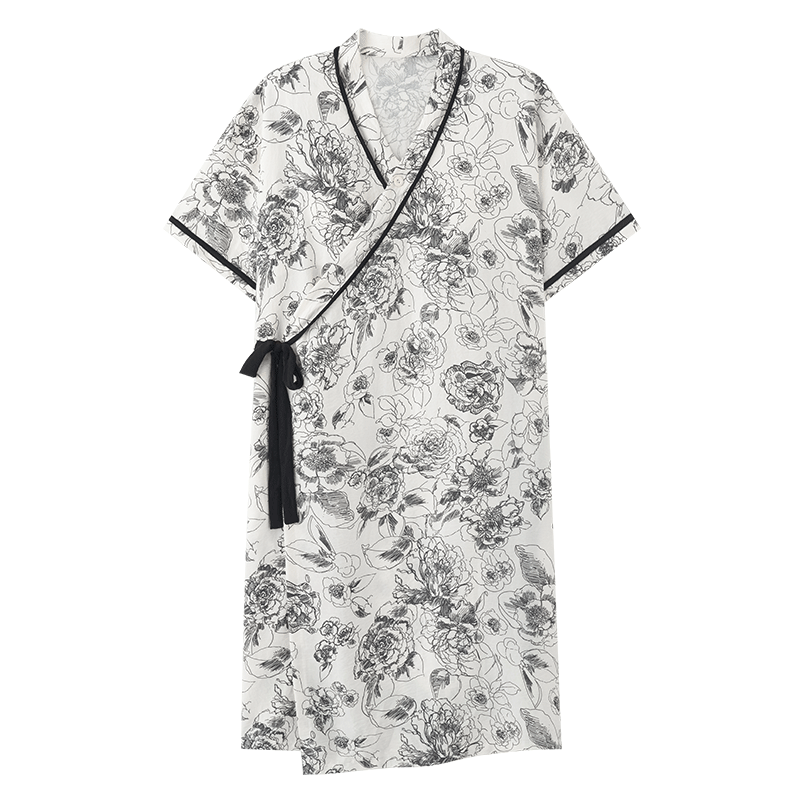 Chemise de nuit rembourrée à motif floral rétro, manches courtes et poche