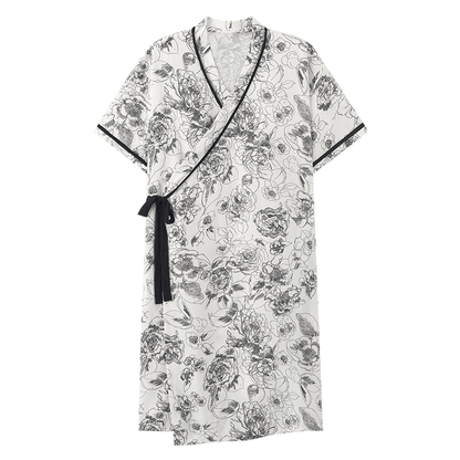 Chemise de nuit rembourrée à motif floral rétro, manches courtes et poche