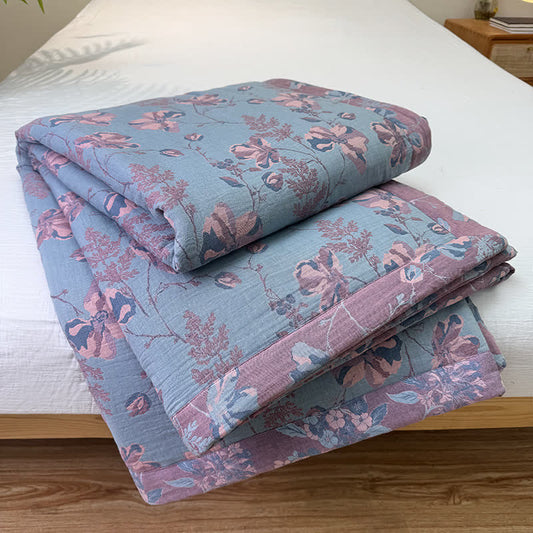 Élégante couverture d'été double épaisseur en pur coton à motif floral