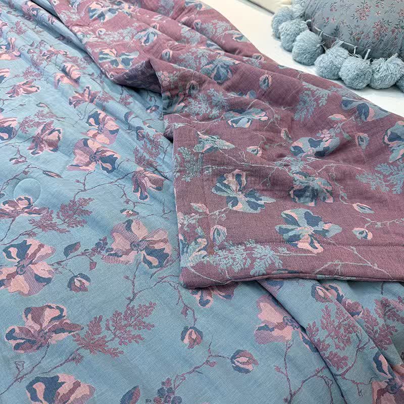 Élégante couverture d'été double épaisseur en pur coton à motif floral