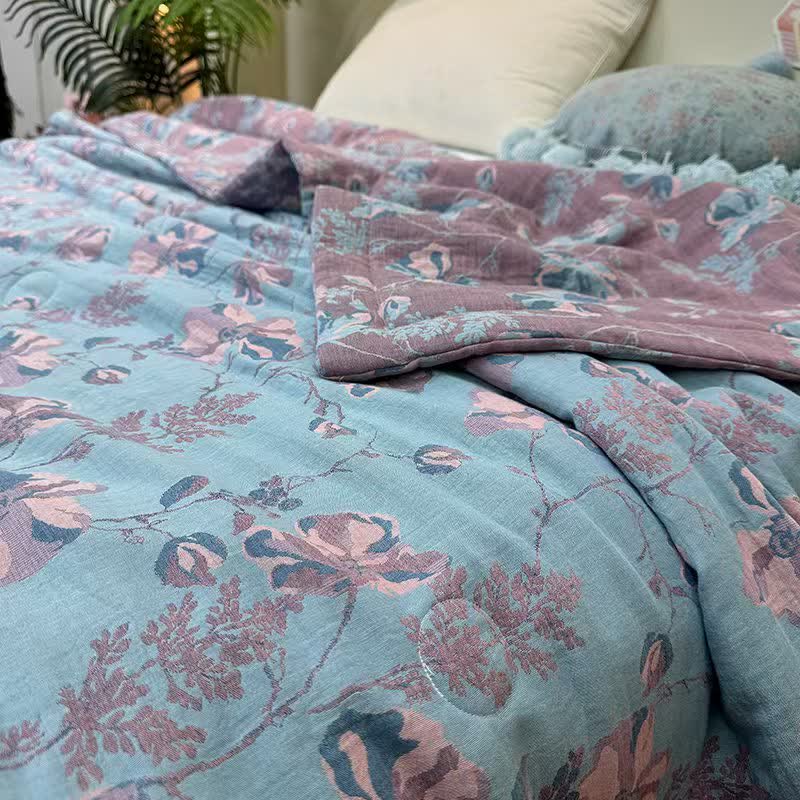Élégante couverture d'été double épaisseur en pur coton à motif floral