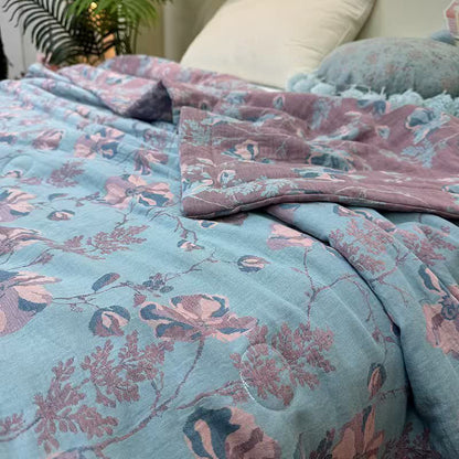 Élégante couverture d'été double épaisseur en pur coton à motif floral
