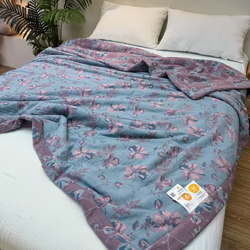 Élégante couverture d'été double épaisseur en pur coton à motif floral