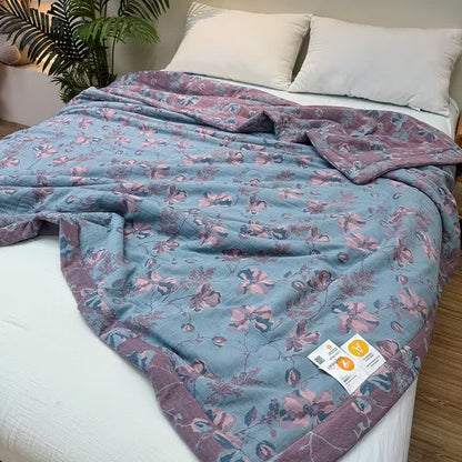 Élégante couverture d'été double épaisseur en pur coton à motif floral
