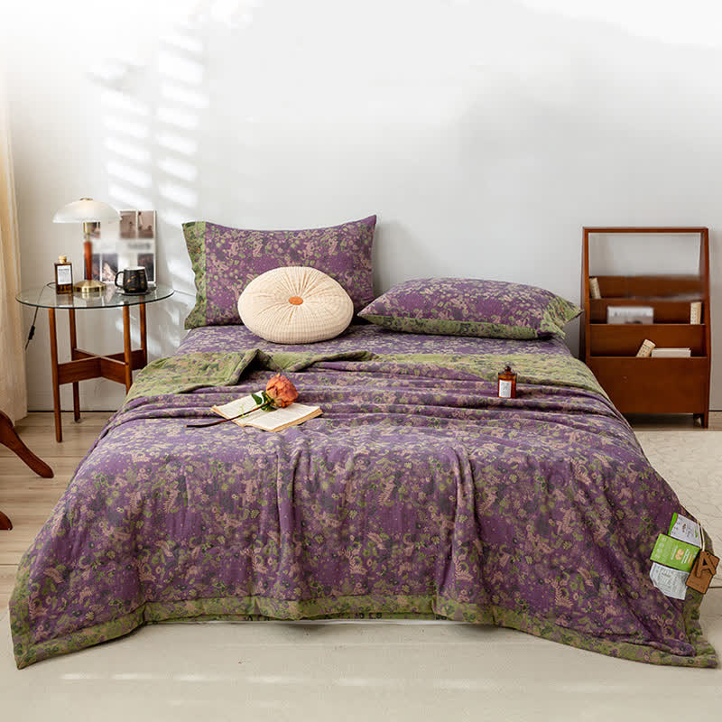 Couverture d'été double couche en coton à motif floral violet pastoral - image 2