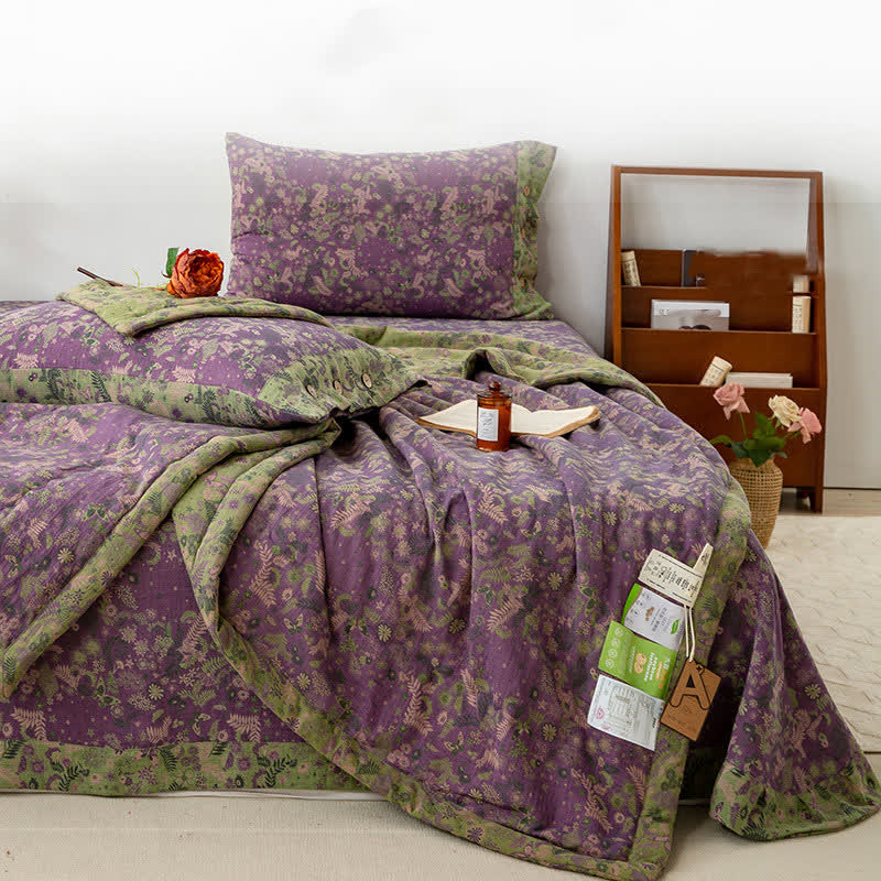 Couverture d'été double couche en coton à motif floral violet pastoral - image 3
