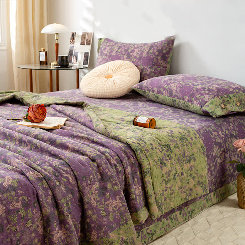 Couverture d'été double couche en coton à motif floral violet pastoral - 220cm x 240cm - image 1
