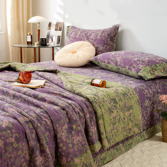 Couverture d'été double couche en coton à motif floral violet pastoral - 220cm x 240cm - image 1