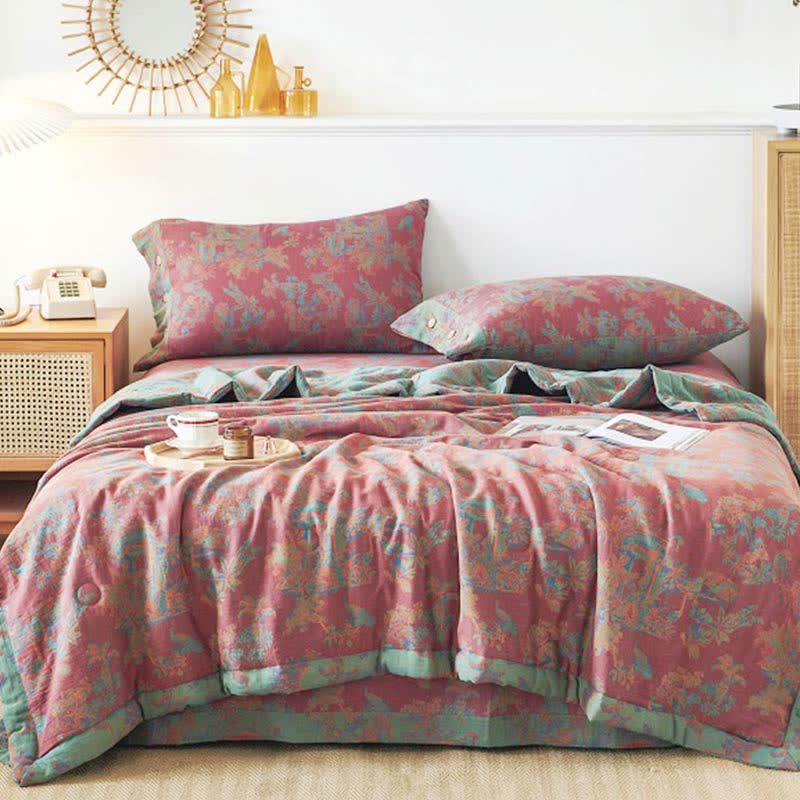 Couette réversible double couche en pur coton de style vintage pour l'été