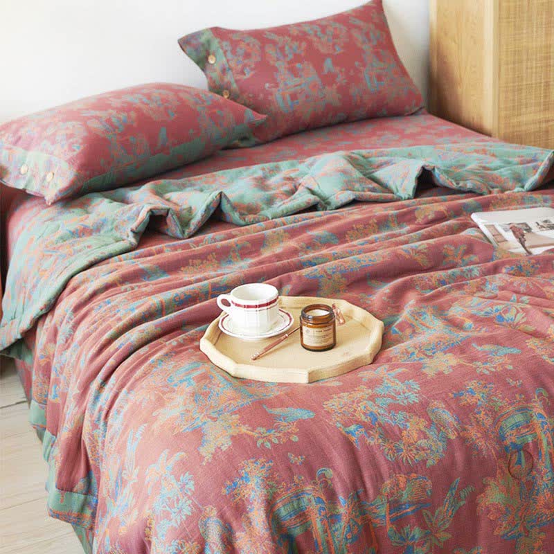 Couette réversible double couche en pur coton de style vintage pour l'été
