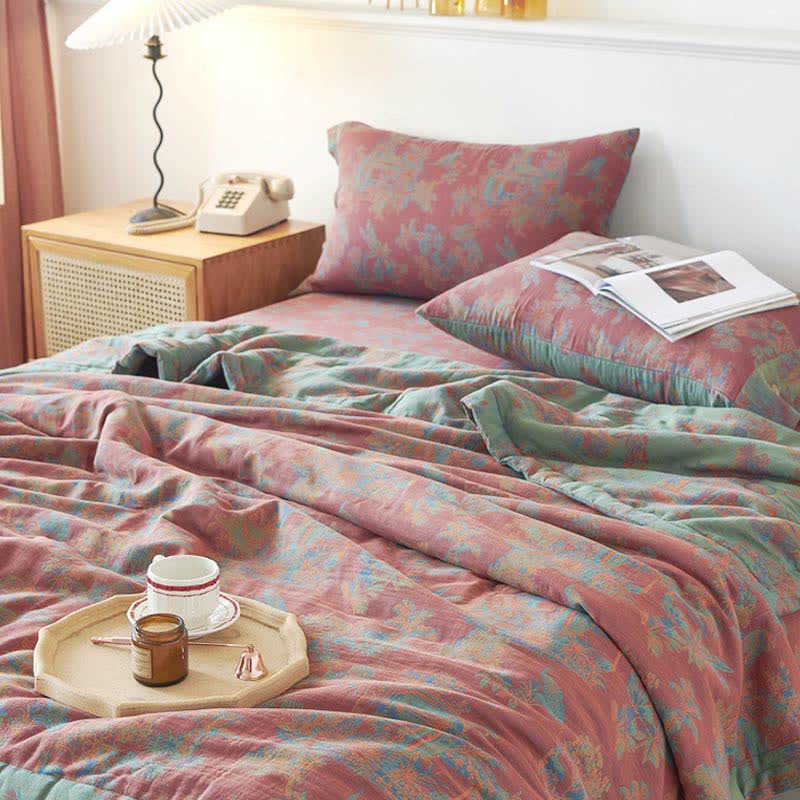 Couette réversible double couche en pur coton de style vintage pour l'été