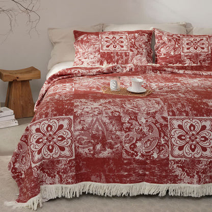 Couette douce en gaze de pur coton de style ethnique avec pompons