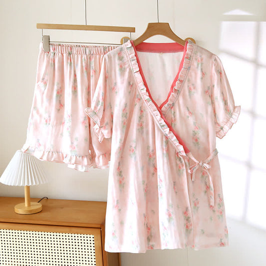 Ensemble pyjama en coton rose à imprimé floral, manches courtes et devant croisé