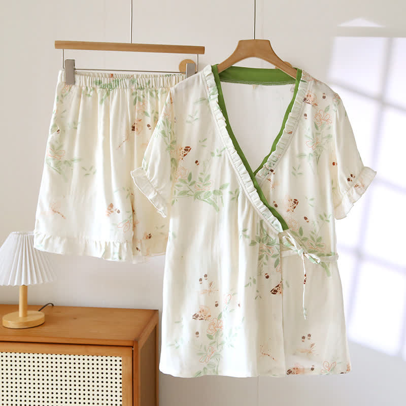 Ensemble pyjama en coton à manches courtes avec bretelles croisées et imprimé floral