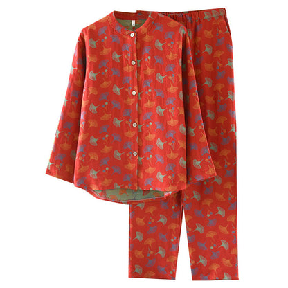 Ensemble de pyjama en jacquard de coton à motif feuille de ginkgo en fil vintage