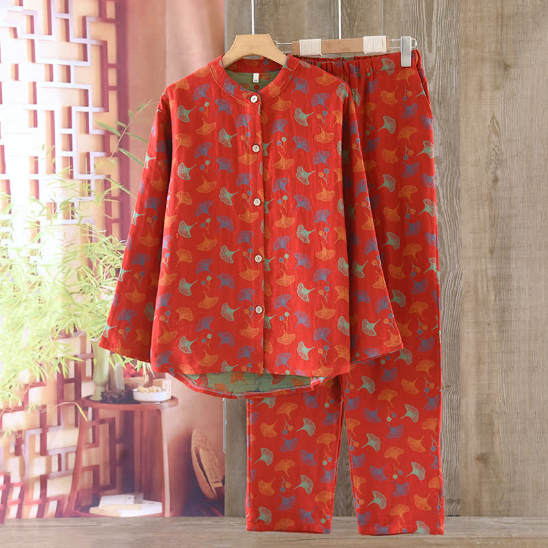 Ensemble de pyjama en jacquard de coton à motif feuille de ginkgo en fil vintage