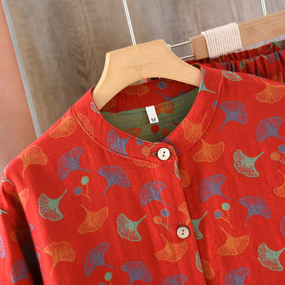 Ensemble de pyjama en jacquard de coton à motif feuille de ginkgo en fil vintage