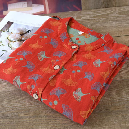 Ensemble de pyjama en jacquard de coton à motif feuille de ginkgo en fil vintage