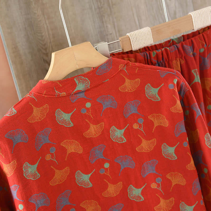 Ensemble de pyjama en jacquard de coton à motif feuille de ginkgo en fil vintage