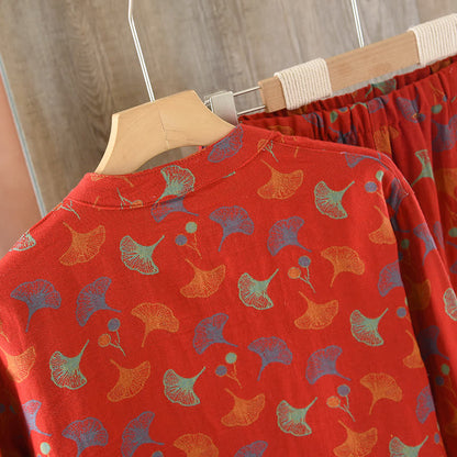 Ensemble de pyjama en jacquard de coton à motif feuille de ginkgo en fil vintage