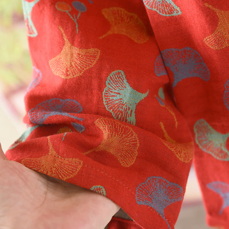 Ensemble de pyjama en jacquard de coton à motif feuille de ginkgo en fil vintage
