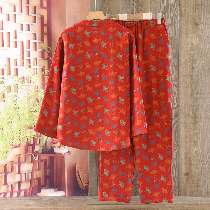 Ensemble de pyjama en jacquard de coton à motif feuille de ginkgo en fil vintage