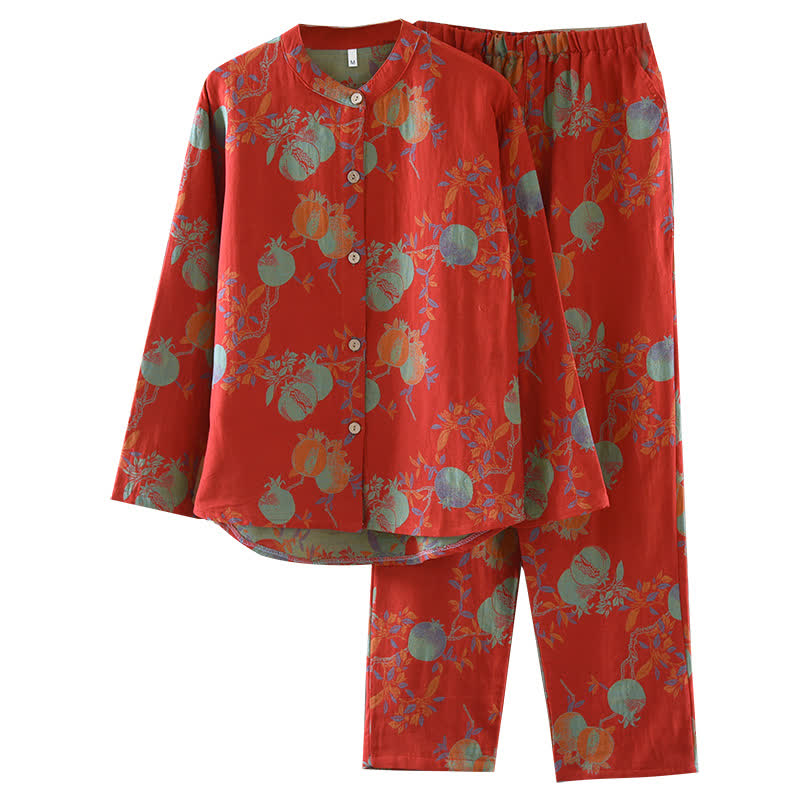 Ensemble pyjama fleur de grenade en jacquard de coton style vintage, teint en fil