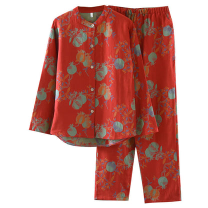 Ensemble pyjama fleur de grenade en jacquard de coton style vintage, teint en fil