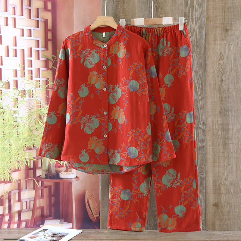 Ensemble pyjama fleur de grenade en jacquard de coton style vintage, teint en fil