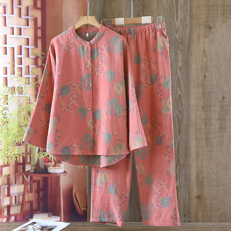 Ensemble pyjama fleur de grenade en jacquard de coton style vintage, teint en fil