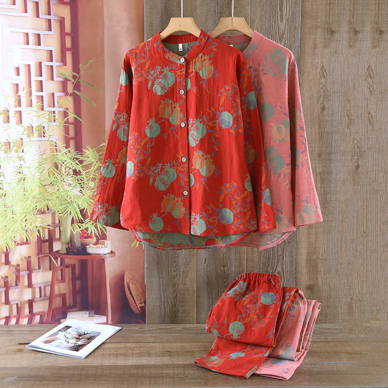 Ensemble pyjama fleur de grenade en jacquard de coton style vintage, teint en fil
