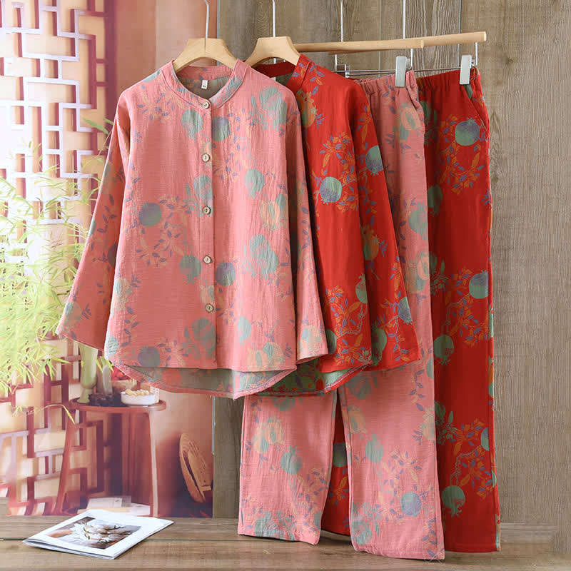 Ensemble pyjama fleur de grenade en jacquard de coton style vintage, teint en fil