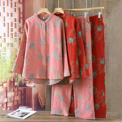 Ensemble pyjama fleur de grenade en jacquard de coton style vintage, teint en fil