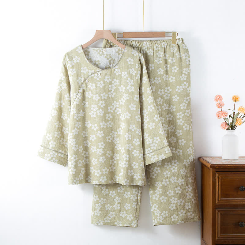 Ensemble pyjama rétro en jacquard de coton teint en fil à motif floral