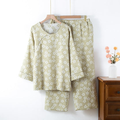 Ensemble pyjama rétro en jacquard de coton teint en fil à motif floral
