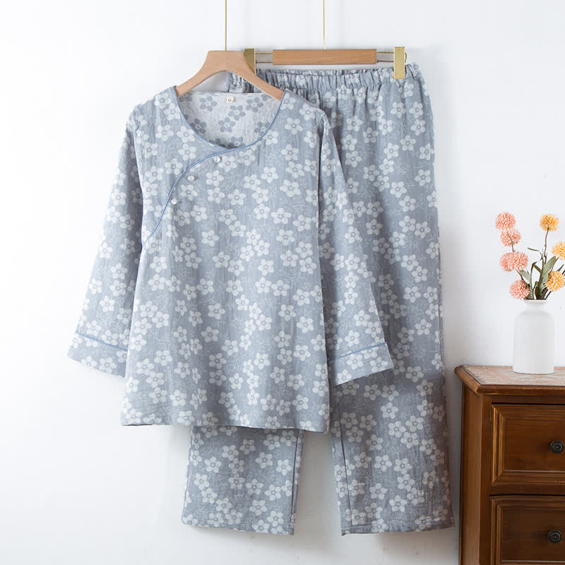 Ensemble pyjama rétro en jacquard de coton teint en fil à motif floral