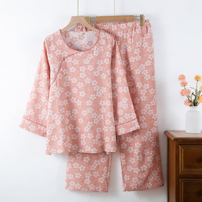 Ensemble pyjama rétro en jacquard de coton teint en fil à motif floral